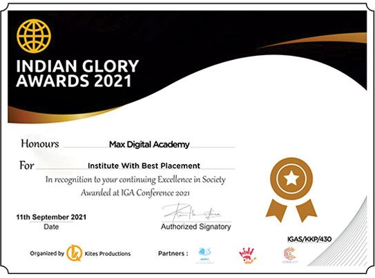 Indian-Glory-Award-2021 Max Digital Academy got Institute with best placement award in sep 2021